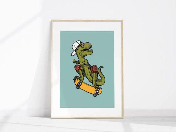 T-Rex på Skateboard Børneplakat
