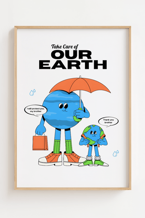 Tegnet plakat med jorden og lille jordklode under paraply – med teksten “Take Care of Our Earth” og et sødt miljøbudskab.