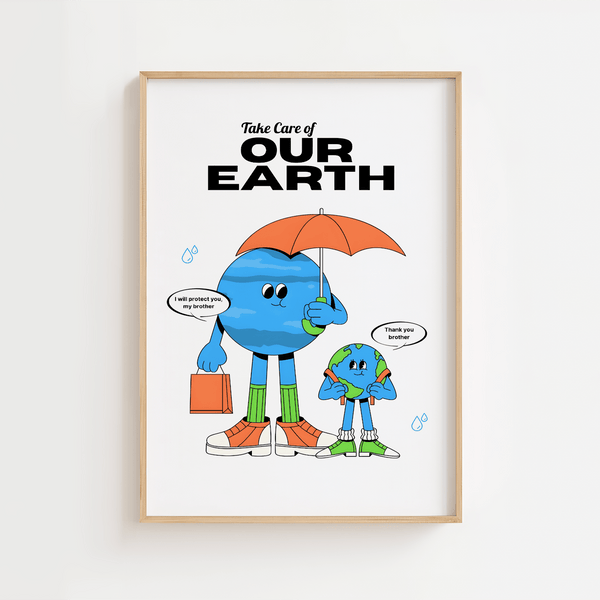 Tegnet plakat med jorden og lille jordklode under paraply – med teksten “Take Care of Our Earth” og et sødt miljøbudskab.