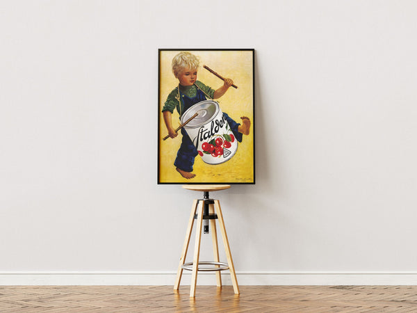 Farverig vintage plakat med barn og Fälchen dåse som tromme. Perfekt retro vægkunst til køkken eller stue. Leveres i flere størrelser.
