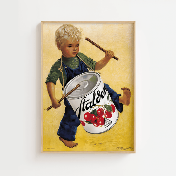Farverig vintage plakat med barn og Fälchen dåse som tromme. Perfekt retro vægkunst til køkken eller stue. Leveres i flere størrelser.
