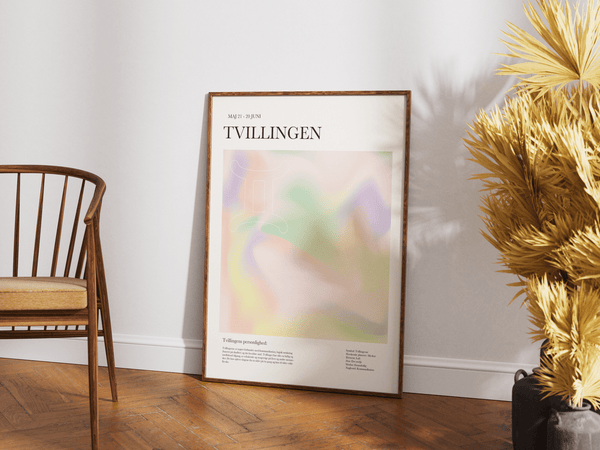 Farverig tvilling stjernetegns plakat i moderne og legende design.