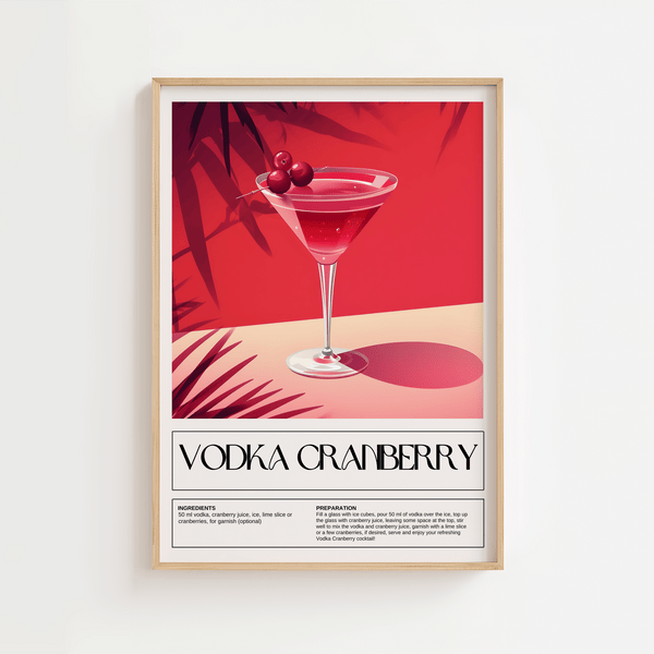 Illustration af Vodka Cranberry cocktail med lime og bær i et glas, tropisk stemning og palmeskygger i baggrunden – cocktail plakat.

