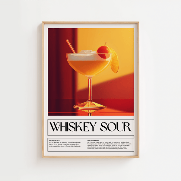 Retro plakat med opskrift på den klassiske Whiskey Sour. En stilfuld og dekorativ tilføjelse til dit køkken, hjemmebar eller cocktailhjørne.

