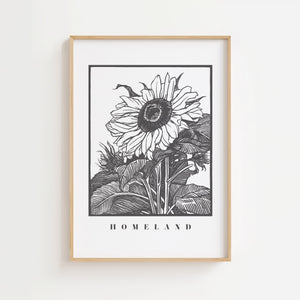 Solsikke Homeland plakat med grafisk blomstermotiv i sort hvid