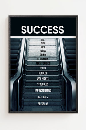 Success trappe plakat med hvide bogstaver på grå trin, sort ramme