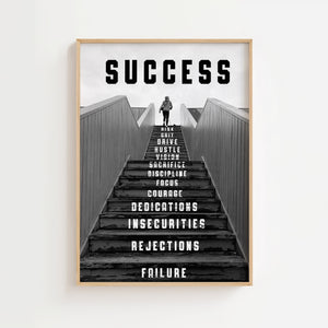 Success trappeplakat med sort-hvid fotografi og motiverende ord på hvert trin