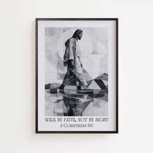 Walk by Faith plakat med grafisk figurmotiv i sort hvide geometriske flader, sort ramme