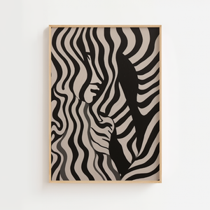 Zebra profil plakat med bølgende striber i sort og beige